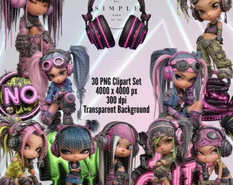 Cyberpunk Chibi Clipart Bundle: Rave Girls, Neon PNGs (Digital Download)