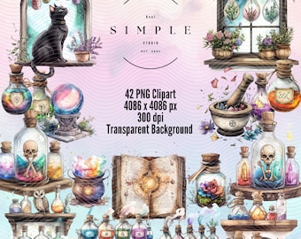 Witchy Apothecary Clipart: Rainbow Potions, Cats, Crystals (42 PNGs) (Digital Stickers)