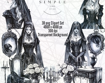 Gothic Clipart Bundle | 30 PNGs of Victorian Mourning Ephemera in Greyscale – Gothic Digital Stickers for Journals & Sublimation