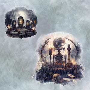 Magical glwoing runes on an black stone altar surrounded by candles.  Witch's altar with crystal ball, tarot cards, herbs and skulls