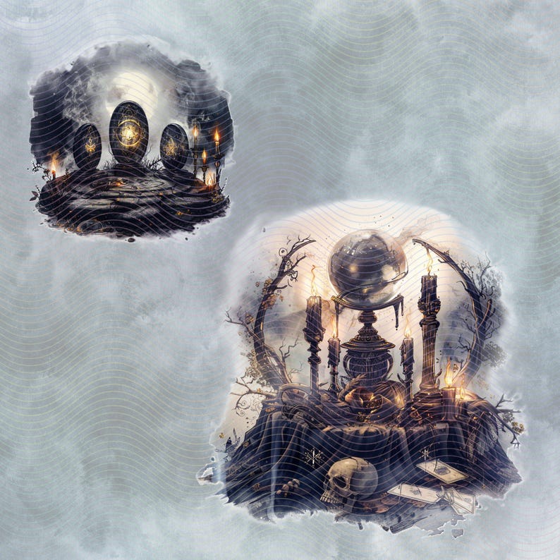 Magical glwoing runes on an black stone altar surrounded by candles.  Witch's altar with crystal ball, tarot cards, herbs and skulls