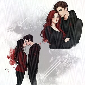 Two illustrations of couples. The first illustration shows a couple in black clothing standing close together. The second illustration shows a couple in red and black clothing kissing.