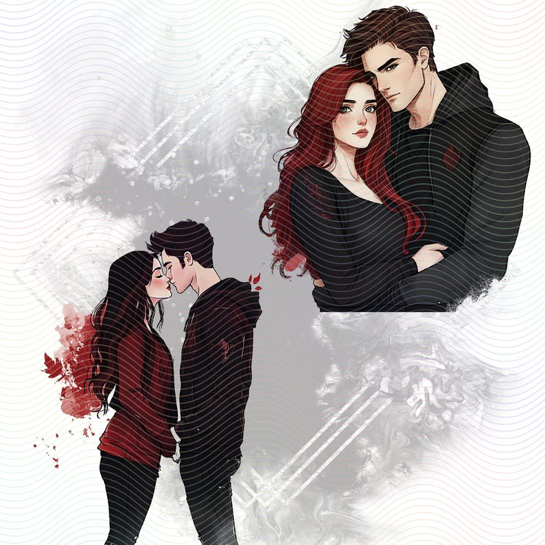 Two illustrations of couples. The first illustration shows a couple in black clothing standing close together. The second illustration shows a couple in red and black clothing kissing.