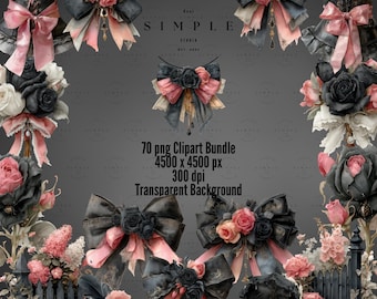 Clipart coquette gothique : aquarelle noeuds, dentelle, art féminin sombre (70 images PNG)