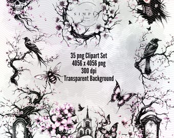 Gothic Spring Clip Art: Cherry Blossoms, Tombstones, Butterflies (PNGs for Goodnotes)