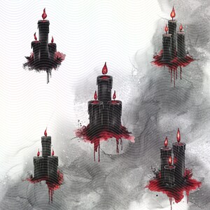Five sets of black candles with red flames, each set is arranged in a pyramid shape, with the largest candle at the bottom and the smallest candle at the top. The candles are dripping red wax onto a white background with a gray and white wavy pattern.