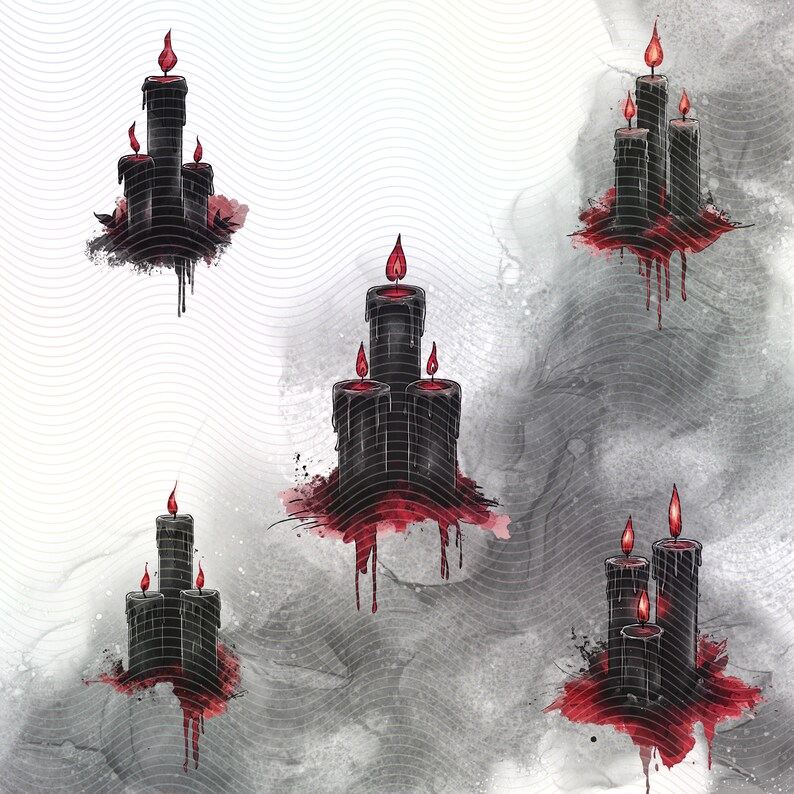 Five sets of black candles with red flames, each set is arranged in a pyramid shape, with the largest candle at the bottom and the smallest candle at the top. The candles are dripping red wax onto a white background with a gray and white wavy pattern.