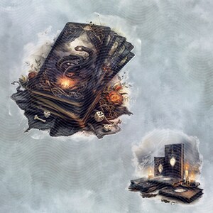 Watercolor tarot card deck with arcane symbols and antique spellbooks