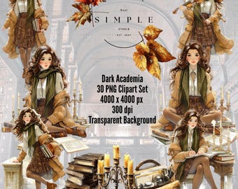 Dark Academia Clipart: Geleerde meisje, boeken en vintage decoratie PNG download
