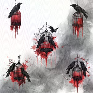 Five black crows are perched on cages with red dripping paint. The cages are hanging from chains and are surrounded by a white background with gray and red watercolor splatters.