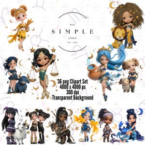 Chibi Clipart Bundle - 36 niedliche Sternzeichen/Astrologie PNGs mit Sternzeichen, Sternentieren und Wortkunst für Planer & Sublimation