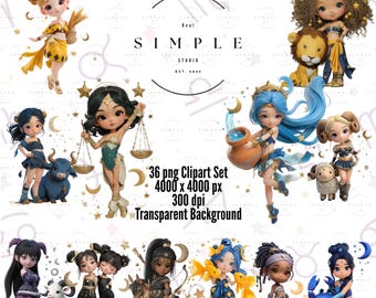 Zodiac Chibi Clipart Bundle: Astrology PNGs, Starry Animals (Digital Download)