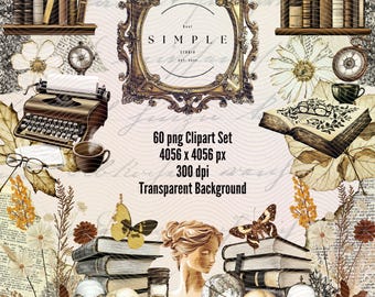 Dark Academia-clipartbundel: gotische mode, vintage boeken (digitale png-download, 60 stuks