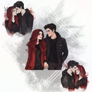 Three illustrations of couples in love. The first illustration shows a couple with red and black hair looking at each other. The second illustration shows a couple with red and black hair holding hands. The third illustration shows a couple with red and black hair embracing each other.