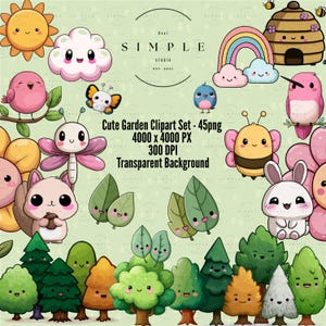 Lindo conjunto de imágenes prediseñadas de jardín: 45 PNG de animales, plantas y herramientas kawaii / Adorables pegatinas digitales para agendas y diarios digitales