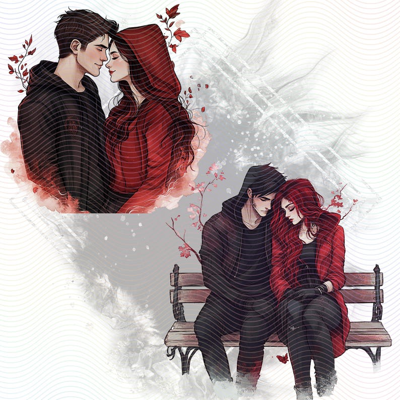 Two couples in black clothing with red accents. The first couple is standing close together, the woman is wearing a red hooded cloak. The second couple is sitting on a wooden bench, the woman is wearing a red jacket.
