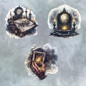 Ritual setup with glowing moon phase mirror and enchanted tools