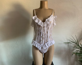 Vintage Lace Teddy | Ruffle Trim, Pearl Bow, Sachet Lingerie - Small