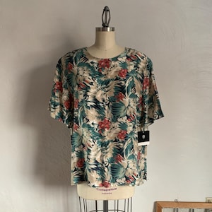 Vintage 100% silk tropical plants nature blouse . Valerie Stevens deadstock - volup / xl