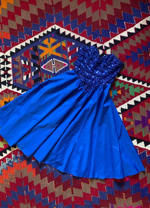 1980's Blue Jewel Sweetheart Sparkle Dress . Them… - image 1