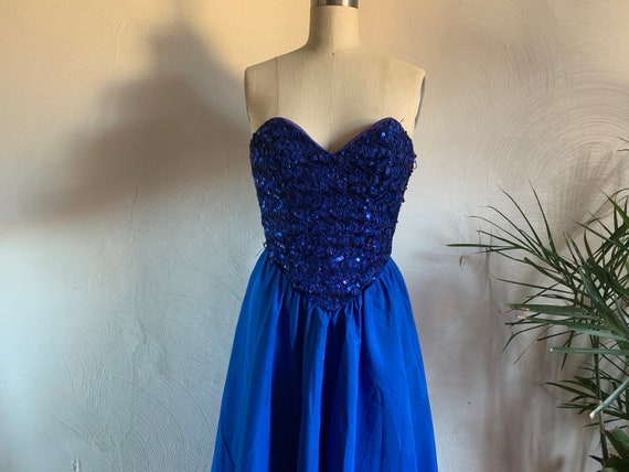 1980's Blue Jewel Sweetheart Sparkle Dress . Them… - image 4