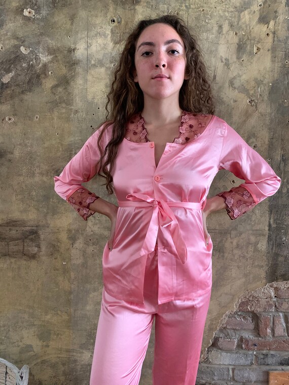 1990’s Raspberry Satin Pajamas - small / medium - image 3