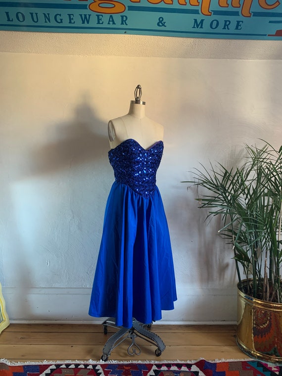 1980's Blue Jewel Sweetheart Sparkle Dress . Them… - image 2