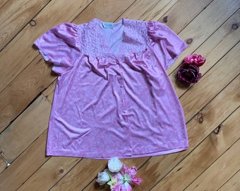 Vintage 80s / 90s Vanity Fair Pink Floral Lace Nightgown / Bed Jacket Top