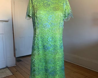 Vintage VERSACE Versus Couture Lime Green Iridescent Lace Shift Dress Sixties Mod Vibe medium