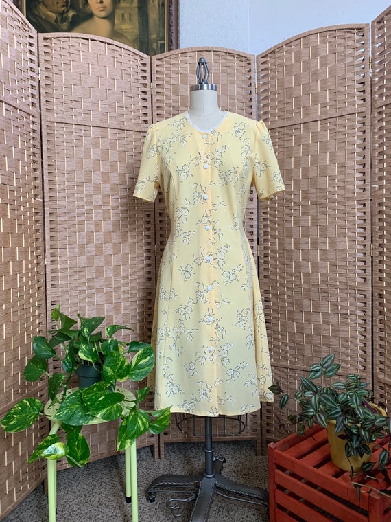 1980s Lemony Crepe Button Dress . Made in England… - image 1