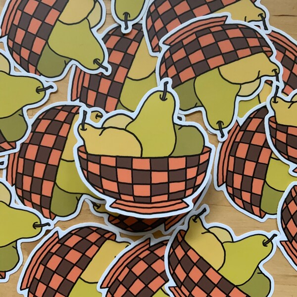 Pear Sticker. Fruit Bowl Die-Cut Sticker. Checkerboard Pattern. Retro Fruit Sticker.