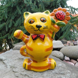 Vintage Ceramic Cat Bank Made in Italy Feline Art Sculpture Cat with Flower
