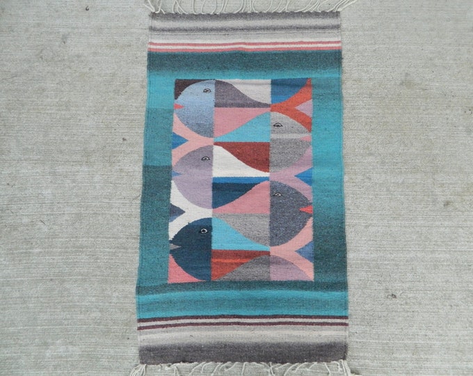 Vintage Zapotec Oaxacan Colorful Fish Woven Wool Rug Decorative Wall ...