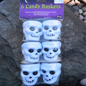 Vintage Miniature Skull Halloween Blow Mold Pails Candy Baskets Set of 6 New Old Stock