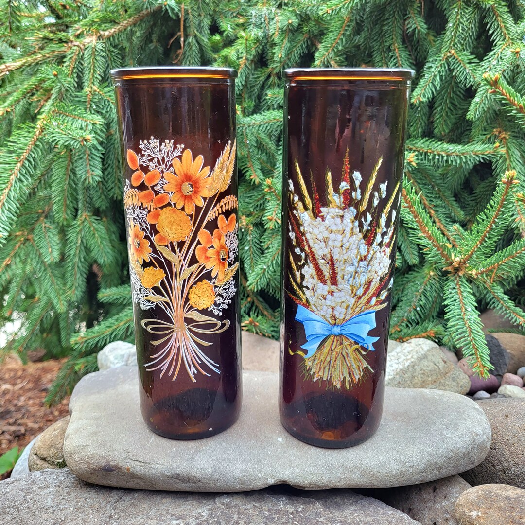 Vintage Amber Glass Tall Pillar Candle Holder Pair Floral Etsy