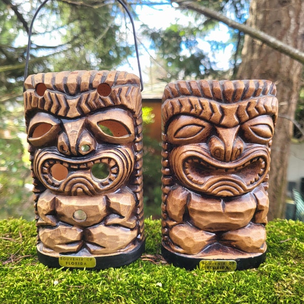 Vintage Set of 2 Tiki Totem Pole Face Florida Souvenirs Tiki Bank Tiki Hanging Candleholder