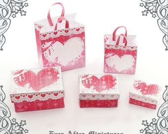VALENTINES DAY Miniature Gift Box & Dollhouse Miniature Gift Bag Set 1:12 – 3 Heart Miniature Gift Box + 2 Shopping Bag Printable DOWNLOAD