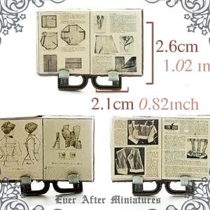 May include: Two miniature books with pages of sewing patterns. The books are open and show illustrations of clothing designs. The books are 2.1 inches wide and 2.6 inches tall.