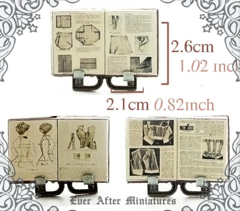 May include: Two miniature books with pages of sewing patterns. The books are open and show illustrations of clothing designs. The books are 2.1 inches wide and 2.6 inches tall.