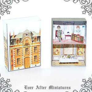 May include: A miniature dollhouse with a two-story brick building and a furnished interior. The building has a white trim and a red roof. The interior features a dining room with a table and chairs, and a living room with a fireplace.