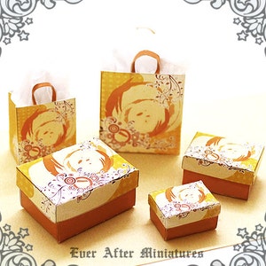 Dollhouse Miniature Gift Box & Miniature Gift Bag Set – 12th Scale ELEGANT Orange 3 Storage Boxes and 2 Shopping Bags - Printable DOWNLOAD