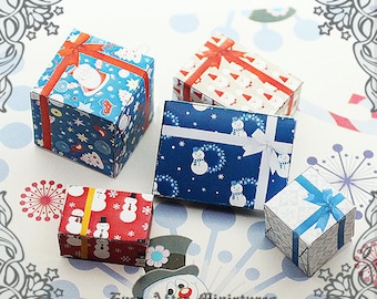 5 Miniature Christmas Gift Box Set – 1:12 Santa Claus Snowman Snowflake Dollhouse Miniature Present Christmas Gift Box Printable DOWNLOAD