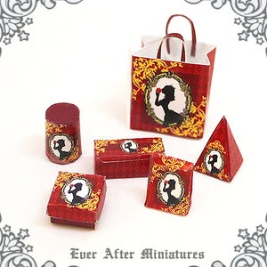 Lady Dollhouse Caja dulce en miniatura y bolsa de regalo Set 1:12 –4 Caja de macarrones en miniatura roja Caja de galletas Caja de postre + 2 bolsas imprimibles DESCARGAR