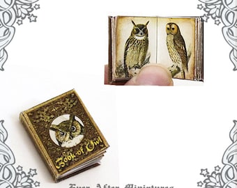Libro de búhos en miniatura para casa de muñecas – Libro de búhos en miniatura para casa de muñecas antigua a escala 12 que se puede abrir – Libro de búhos para casa de muñecas imprimible DESCARGAR