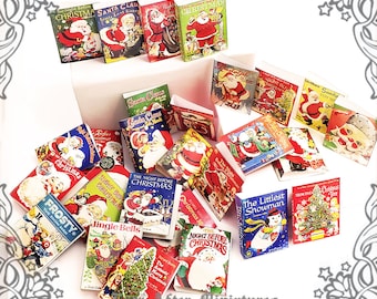 May include: A collection of miniature vintage Christmas books with various titles, including "The Night Before Christmas", "Santa Claus", "Jingle Bells", and "Frosty the Snowman". The books are printed with colorful illustrations of Santa Claus, snowmen, and Christmas trees.