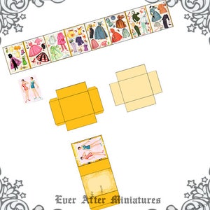 May include: A printable paper doll set with a yellow box and a smaller box with a yellow lid. The paper doll set features a variety of outfits for a woman, including a swimsuit, a dress, and a skirt and top. The text "Ever After Miniatures" is printed on the box.