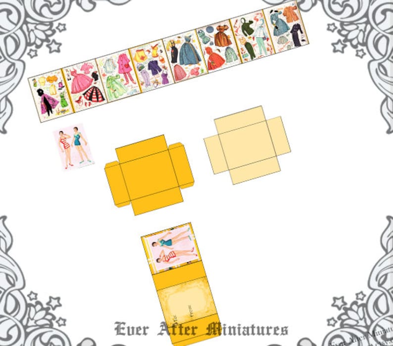 May include: A printable paper doll set with a yellow box and a smaller box with a yellow lid. The paper doll set features a variety of outfits for a woman, including a swimsuit, a dress, and a skirt and top. The text "Ever After Miniatures" is printed on the box.