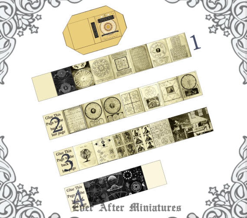 May include: A set of four vintage-style paper strips with illustrations of celestial bodies and the text "Glue This Page to the back of last page". The strips are numbered 1 through 4 and are designed for use in a scrapbook or journal.