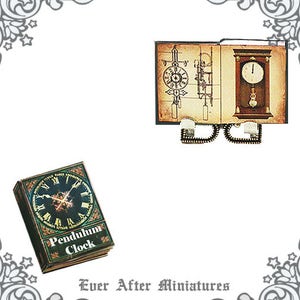 May include: A miniature book with a green cover and gold lettering that reads "Pendulum Clock". The book is open to reveal a detailed illustration of a clock mechanism. The book is part of a set of miniature books.