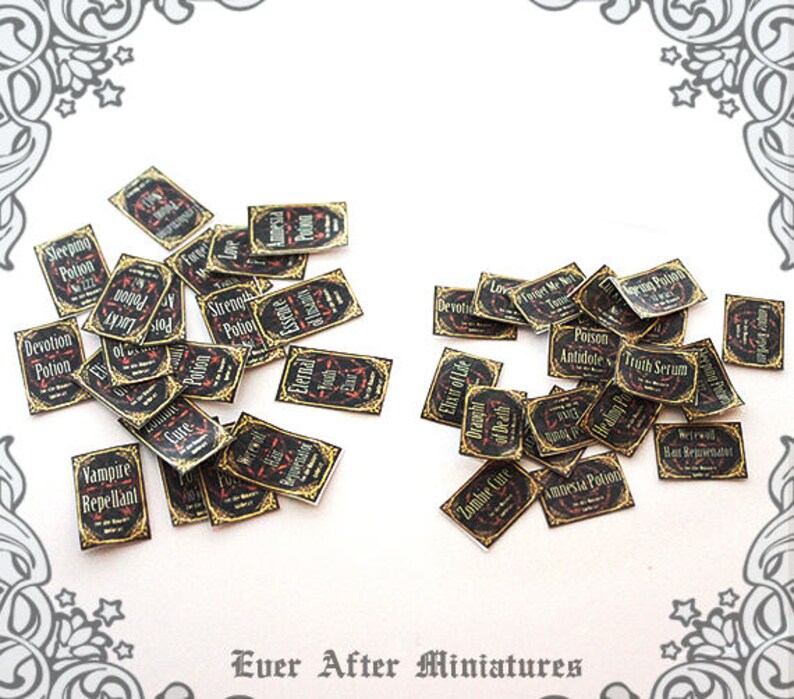 May include: A collection of miniature potion bottles with labels such as "Sleeping Potion", "Vampire Repellant", "Elixir of Life", "Truth Serum", and "Amnesia Potion".